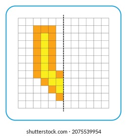 Picture reflection educational game for children. Learn to complete symmetrical worksheets for preschool activities. Coloring grid pages, visual perception and pixel art. Finish the letter V.