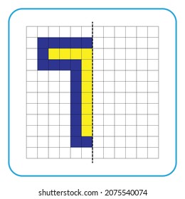 Imagen de juego educativo de reflexión para niños. Aprender a completar hojas de trabajo simétricas para actividades preescolares. Colorear las páginas de la cuadrícula, la percepción visual y el arte de píxeles. Termine la letra T.