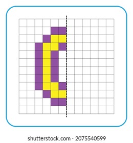 Picture reflection educational game for children. Learn to complete symmetrical worksheets for preschool activities. Coloring grid pages, visual perception and pixel art. Finish the letter O.