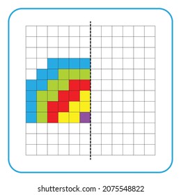 Picture reflection educational game for children. Learn to complete symmetrical worksheets for preschool activities. Coloring grid pages, visual perception and pixel art. Finish the rainbow image.