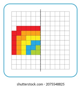 Picture reflection educational game for children. Learn to complete symmetrical worksheets for preschool activities. Coloring grid pages, visual perception and pixel art. Finish the rainbow image.
