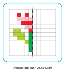 Picture reflection educational game for children. Learn to complete symmetrical worksheets for preschool activities. Coloring grid pages, visual perception and pixel art. Finish the flower image.