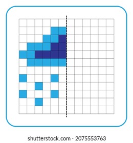 Picture reflection educational game for children. Learn to complete symmetrical worksheets for preschool activities. Coloring grid pages, visual perception and pixel art. Finish the rain cloud.