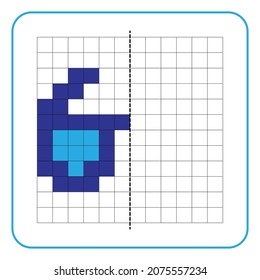 Imagen de juego educativo de reflexión para niños. Aprender a completar hojas de trabajo simétricas para actividades preescolares. Coloración de páginas de cuadrícula, percepción visual y arte de píxeles. Termine la imagen de las gafas oculares.
