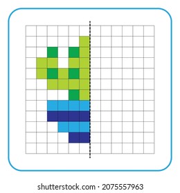 Picture reflection educational game for children. Learn to complete symmetrical worksheets for preschool activities. Coloring grid pages, visual perception and pixel art. Finish the cactus tree in pot