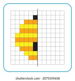 Picture reflection educational game for children. Learn to complete symmetrical worksheets for preschool activities. Coloring grid pages, visual perception and pixel art. Finish the honey wasp nest.