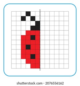 Bildungs-Spiel für Kinder. Lernen Sie symmetrische Arbeitsblätter für Vorschulaktivitäten zu erstellen. Die Farben der Rasterseiten, der visuellen Wahrnehmung und der Pixelkunst runden das Ladybug-Insekt ab.