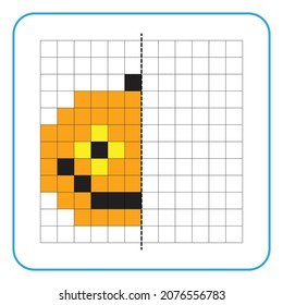 Picture reflection educational game for children. Learn to complete symmetrical worksheets for preschool activities. Coloring grid pages, visual perception and pixel art. Finish the 
halloween pumpkin