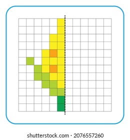 Picture reflection educational game for children. Learn to complete symmetrical worksheets for preschool activities. Coloring grid pages, visual perception and pixel art. Finish the corn image.