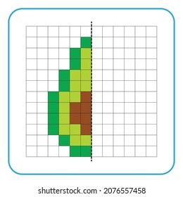 Picture reflection educational game for children. Learn to complete symmetrical worksheets for preschool activities. Coloring grid pages, visual perception and pixel art. Finish the avocado slices.