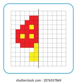 Picture reflection educational game for children. Learn to complete symmetrical worksheets for preschool activities. Coloring grid pages, visual perception and pixel art. Finish the mushroom image.