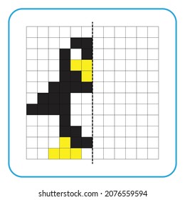 Bildungs-Spiel für Kinder. Lernen Sie symmetrische Arbeitsblätter für Vorschulaktivitäten zu erstellen. Farbige Rasterseiten, visuelle Wahrnehmung und Pixelkunst.