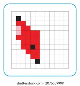 Picture reflection educational game for children. Learn to complete symmetrical worksheets for preschool activities. Coloring grid pages, visual perception and pixel art. Finish the fox image.