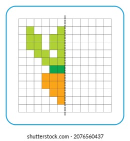 Picture reflection educational game for children. Learn to complete symmetrical worksheets for preschool activities. Coloring grid pages, visual perception and pixel art. Finish the carrot image.