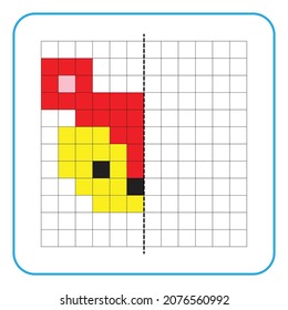 Picture reflection educational game for children. Learn to complete symmetrical worksheets for preschool activities. Coloring grid pages, visual perception and pixel art. Finish the squirrel image.