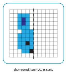 Picture reflection educational game for children. Learn to complete symmetrical worksheets for preschool activities. Coloring grid pages, visual perception and pixel art. Finish the rabbit image.