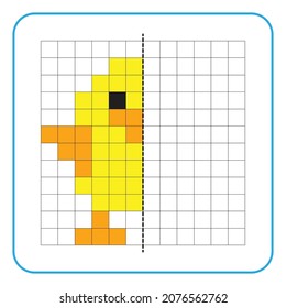 Picture reflection educational game for children. Learn to complete symmetrical worksheets for preschool activities. Coloring grid pages, visual perception and pixel art. Finish the 
little chicken.