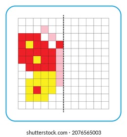 Picture reflection educational game for children. Learn to complete symmetrical worksheets for preschool activities. Coloring grid pages, visual perception and pixel art. Finish the butterfly image.