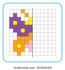 Picture reflection educational game for children. Learn to complete symmetrical worksheets for preschool activities. Coloring grid pages, visual perception and pixel art. Finish the moth image.