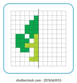 Picture reflection educational game for children. Learn to complete symmetrical worksheets for preschool activities. Coloring grid pages, visual perception and pixel art. Finish the tree image.