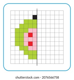 Imagen de juego educativo de reflexión para niños. Aprender a completar hojas de trabajo simétricas para actividades preescolares. Colorear las páginas de la cuadrícula, la percepción visual y el arte de los píxeles. Terminar el fruto de la guayaba.