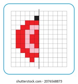 Picture reflection educational game for children. Learn to complete symmetrical worksheets for preschool activities. Coloring grid pages, visual perception and pixel art. Finish the pomegranate fruit.