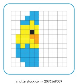 Picture reflection educational game for children. Learn to complete symmetrical worksheets for preschool activities. Coloring grid pages, visual perception and pixel art. Finish the chicks hatch.