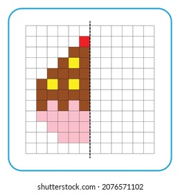 Picture reflection educational game for children. Learn to complete symmetrical worksheets for preschool activities. Coloring grid pages, visual perception and pixel art. Finish the ice cream image.