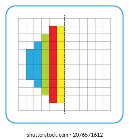 Picture reflection educational game for children. Learn to complete symmetrical worksheets for preschool activities. Coloring grid pages, visual perception and pixel art. Finish the colorful balls.