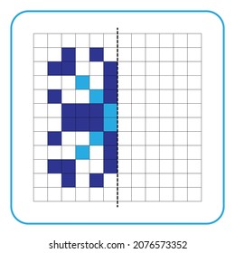 Picture reflection educational game for children. Learn to complete symmetrical worksheets for preschool activities. Coloring grid pages, visual perception and pixel art. Finish the 
snowflake.