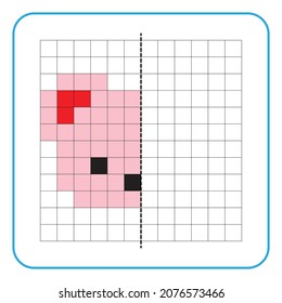 Picture reflection educational game for children. Learn to complete symmetrical worksheets for preschool activities. Coloring grid pages, visual perception and pixel art. Finish the pink bear.