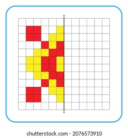 Picture reflection educational game for children. Learn to complete symmetrical worksheets for preschool activities. Coloring grid pages, visual perception and pixel art. Finish the flower ornament.