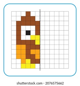 Picture reflection educational game for children. Learn to complete symmetrical worksheets for preschool activities. Coloring grid pages, visual perception and pixel art. Finish the owl image.