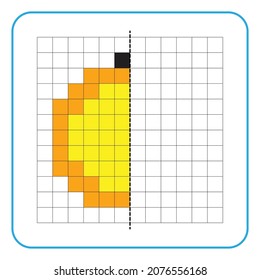 Picture reflection educational game for kids. Learn to complete symmetrical worksheets for preschool activities. Tasks for coloring grid pages, picture mosaics, or pixel art. Finish the orange fruit.