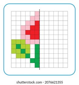 Picture reflection educational game for kids. Learn to complete symmetrical worksheets for preschool activities. Tasks for coloring grid pages, picture mosaics, or pixel art. Finish the flower buds.