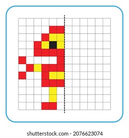 Picture reflection educational game for kids. Learn to complete symmetrical worksheets for preschool activities. Tasks for coloring grid pages, picture mosaics, or pixel art. Finish the robot.