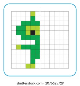 Picture reflection educational game for kids. Learn to complete symmetrical worksheets for preschool activities. Tasks for coloring grid pages, picture mosaics, or pixel art. Finish the alien robots.