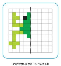 Picture reflection educational game for kids  Learn to complete symmetrical worksheets for preschool activities  Tasks for coloring grid pages  picture mosaics  pixel art  Finish the green frog 
