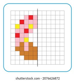 Picture reflection educational game for kids. Learn to complete symmetrical worksheets for preschool activities. Tasks for coloring grid pages, picture mosaics, or pixel art. Finish the donuts.