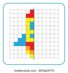 Picture reflection educational game for kids. Learn to complete symmetrical worksheets for preschool activities. Tasks for coloring grid pages, picture mosaics, or pixel art. Finish the space shuttle.