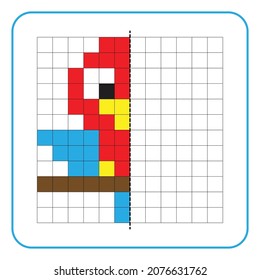 Picture reflection educational game for kids. Learn to complete symmetrical worksheets for preschool activities. Tasks for coloring grid pages, picture mosaics, or pixel art. Finish the 
parrot bird.