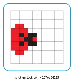Imagen de juego educativo de reflexión para niños. Aprender a completar hojas de trabajo simétricas para actividades preescolares. Tareas para colorear las páginas de la cuadrícula, mosaicos de imágenes o imágenes de píxeles. Finalice el 
tazas.