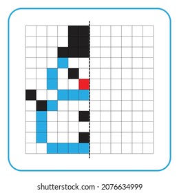 Bildungs-Spiel für Kinder. Lernen Sie symmetrische Arbeitsblätter für Vorschulaktivitäten zu erstellen. Aufgaben für die Färbung von Rasterseiten, Bildmosaiken oder Pixelkunst.