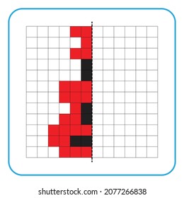 Picture reflection educational game for kids. Learn to complete symmetrical worksheets for preschool activities. Tasks for coloring grid pages, picture mosaics, or pixel art. Finish the guitar.