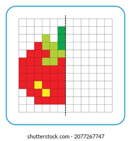 Picture reflection educational game for kids. Learn to complete symmetrical worksheets for preschool activities. Tasks for coloring grid pages, picture mosaics, or pixel art. Finish the tomato.