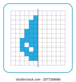Picture reflection educational game for kids. Learn to complete symmetrical worksheets for preschool activities. Tasks for coloring grid pages, picture mosaics, or pixel art. Finish the water drops.