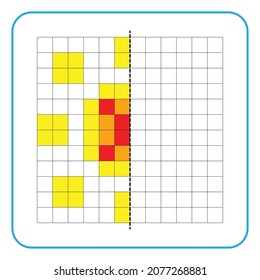 Picture reflection educational game for kids. Learn to complete symmetrical worksheets for preschool activities. Tasks for coloring grid pages, picture mosaics, or pixel art. Finish the sunflower.