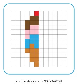 Bildungs-Spiel für Kinder. Lernen Sie symmetrische Arbeitsblätter für Vorschulaktivitäten zu erstellen. Aufgaben zum Färben von Rasterseiten, Bildmosaiken oder Pixelkunst.