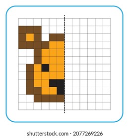 Picture reflection educational game for kids. Learn to complete symmetrical worksheets for preschool activities. Tasks for coloring grid pages, picture mosaics, or pixel art. Finish the capybara face.