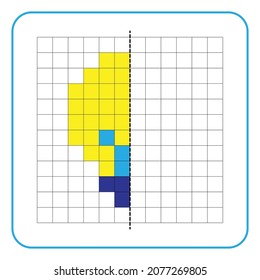 Picture reflection educational game for kids. Learn to complete symmetrical worksheets for preschool activities. Tasks for coloring grid pages, picture mosaics, or pixel art. Finish the light bulb.